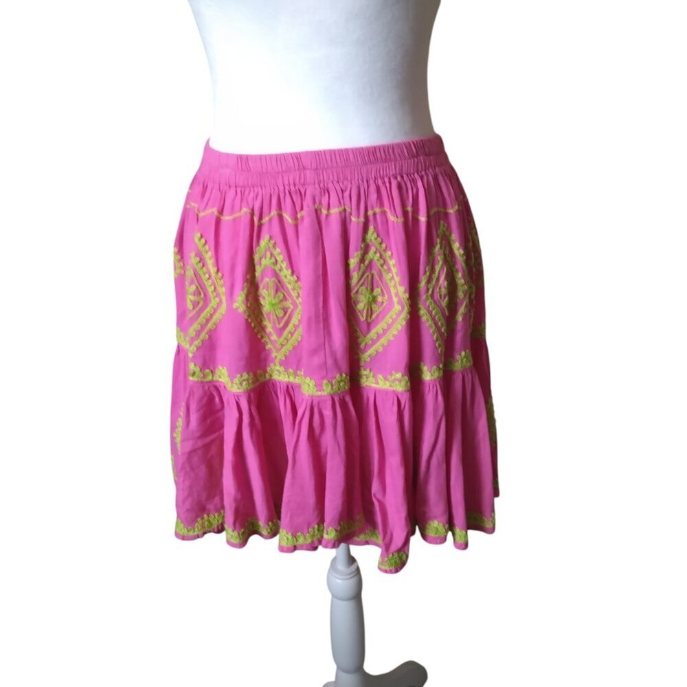 Pranella Size S/M Pink Embroidered Boho Pull On Mini Skirt Flowy Flirty